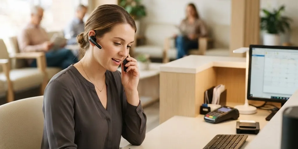 A clinic receptionist wearing a headset answering appointment enquiries with an AI receptionist