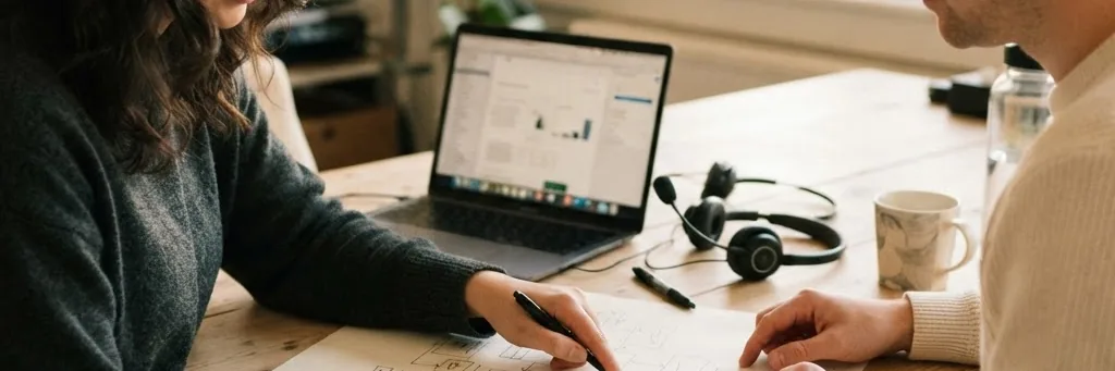 Two colleagues mapping out a customer call flow for a custom AI voice agent