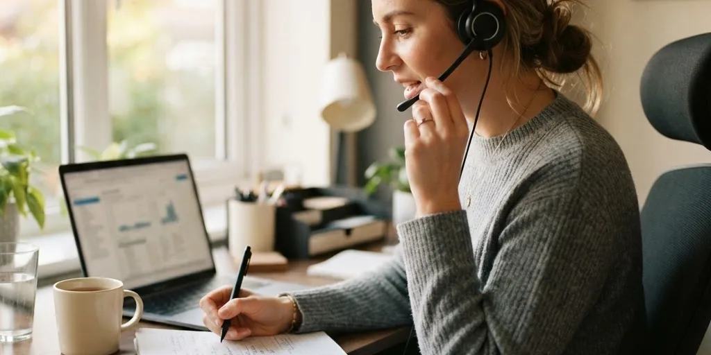 A salesperson on a headset writing lead notes while AI lead qualification captures enquiry details