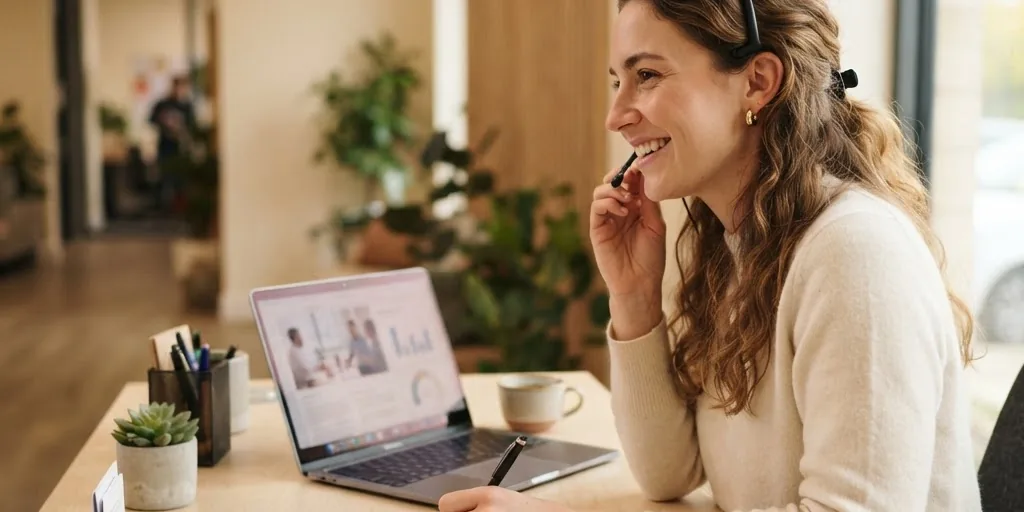 A receptionist answering a customer call with a custom AI voice agent on a headset