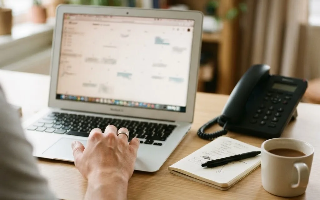 A booking calendar open on a laptop beside a desk phone, where an AI voice agent sends call details