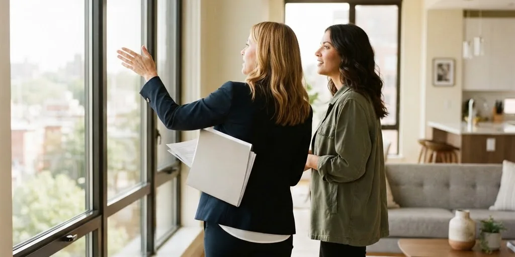 A real estate agent showing an apartment to a client while an AI receptionist takes new enquiries