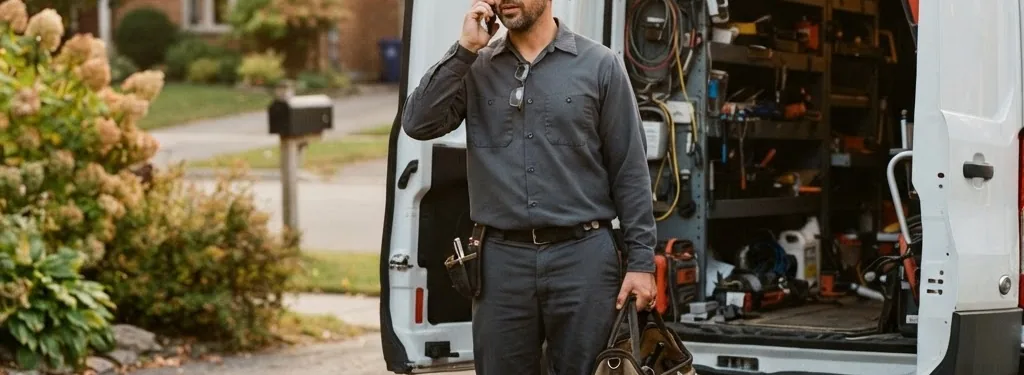 A service technician taking a customer call at his van, with AI call answering booking the job
