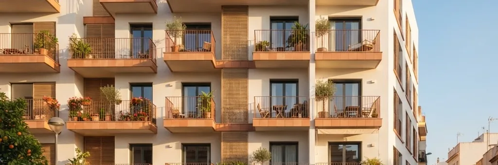 Sunlit apartment buildings in Valencia, where SKOR uses an AI voice agent for rental enquiries